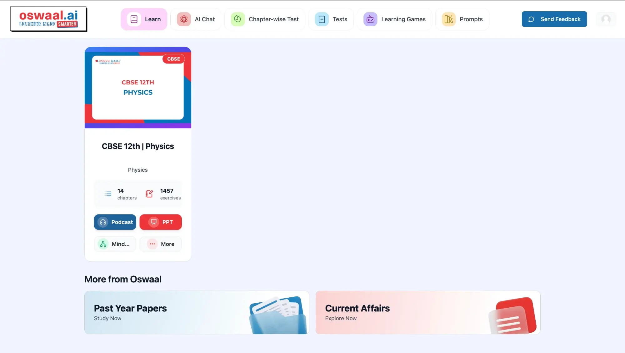 [A chapter's book card, with Podcast, PPT and Mindmap buttons plus Past Year Papers and Current Affairs]