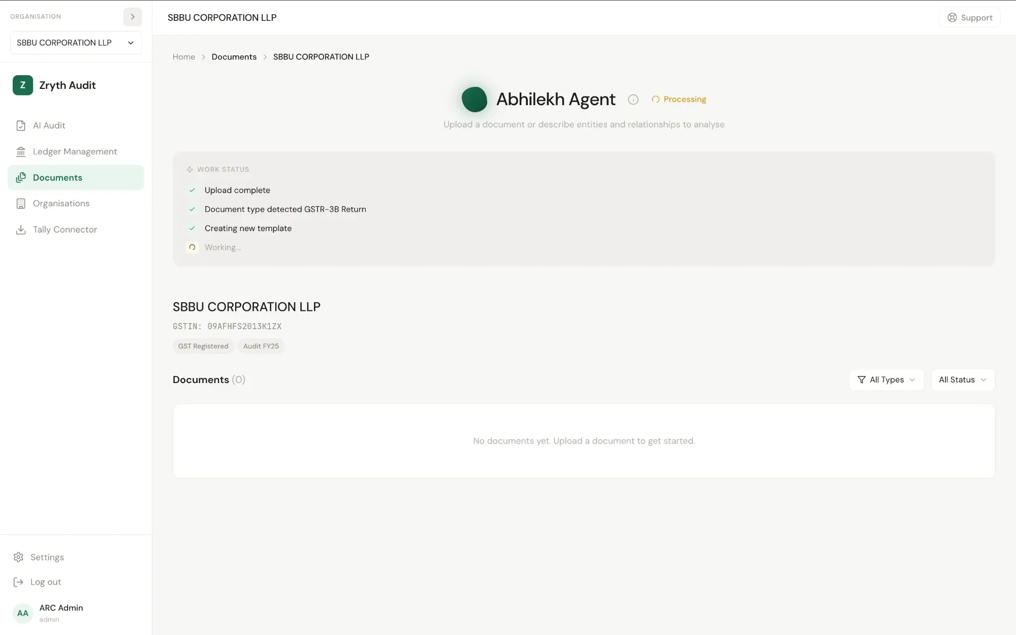 [Abhilekh Agent extracting entities from an uploaded document, anomalies flagged alongside]