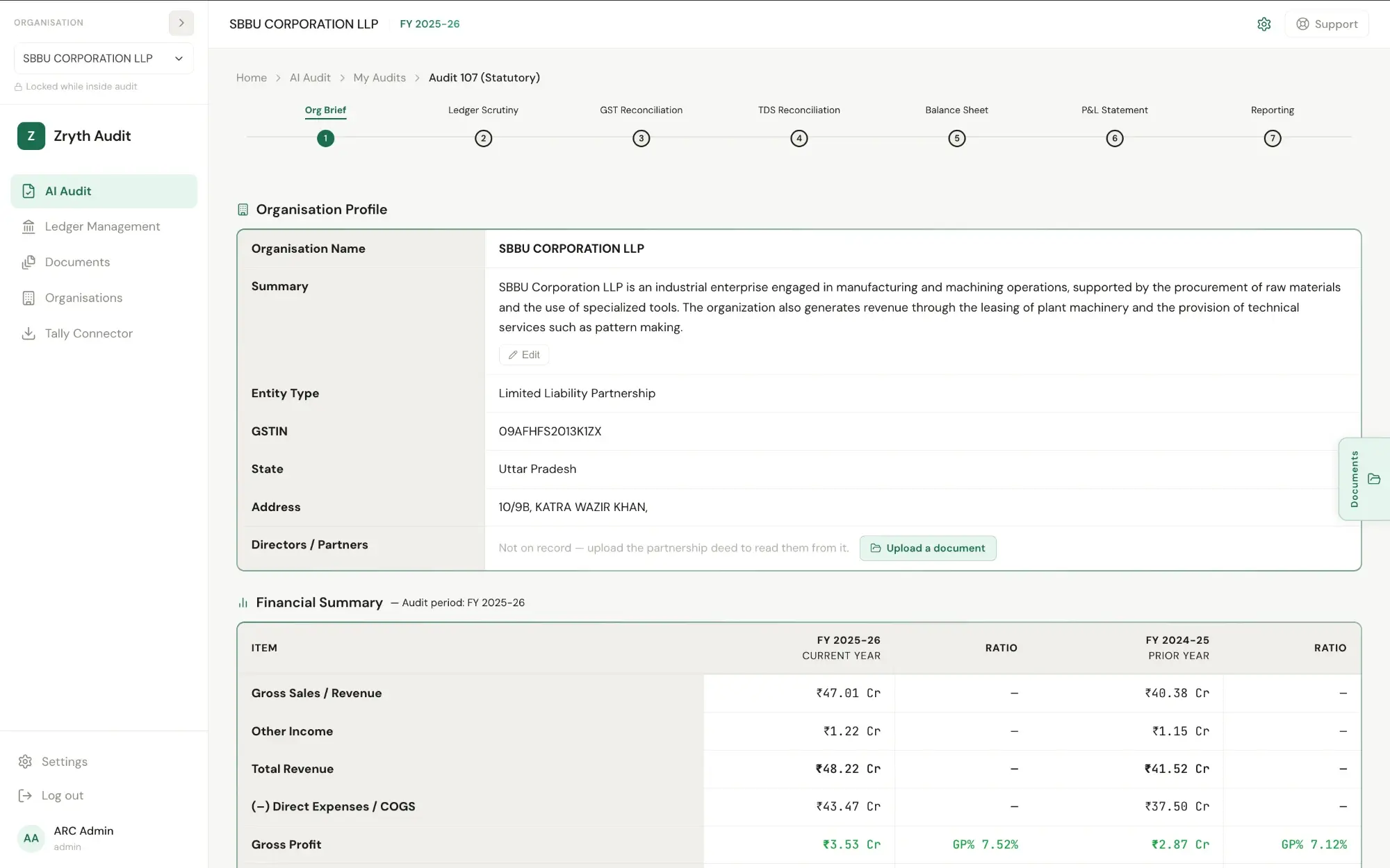[AI Audit running a compliance audit, with the Org Brief already filled in]