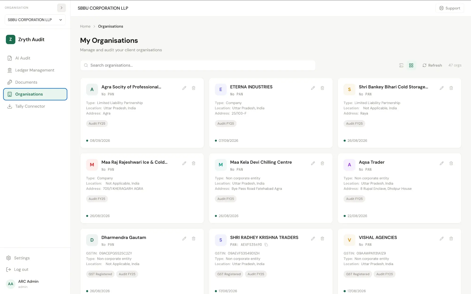 [Organisations dashboard, multiple client entities side by side]