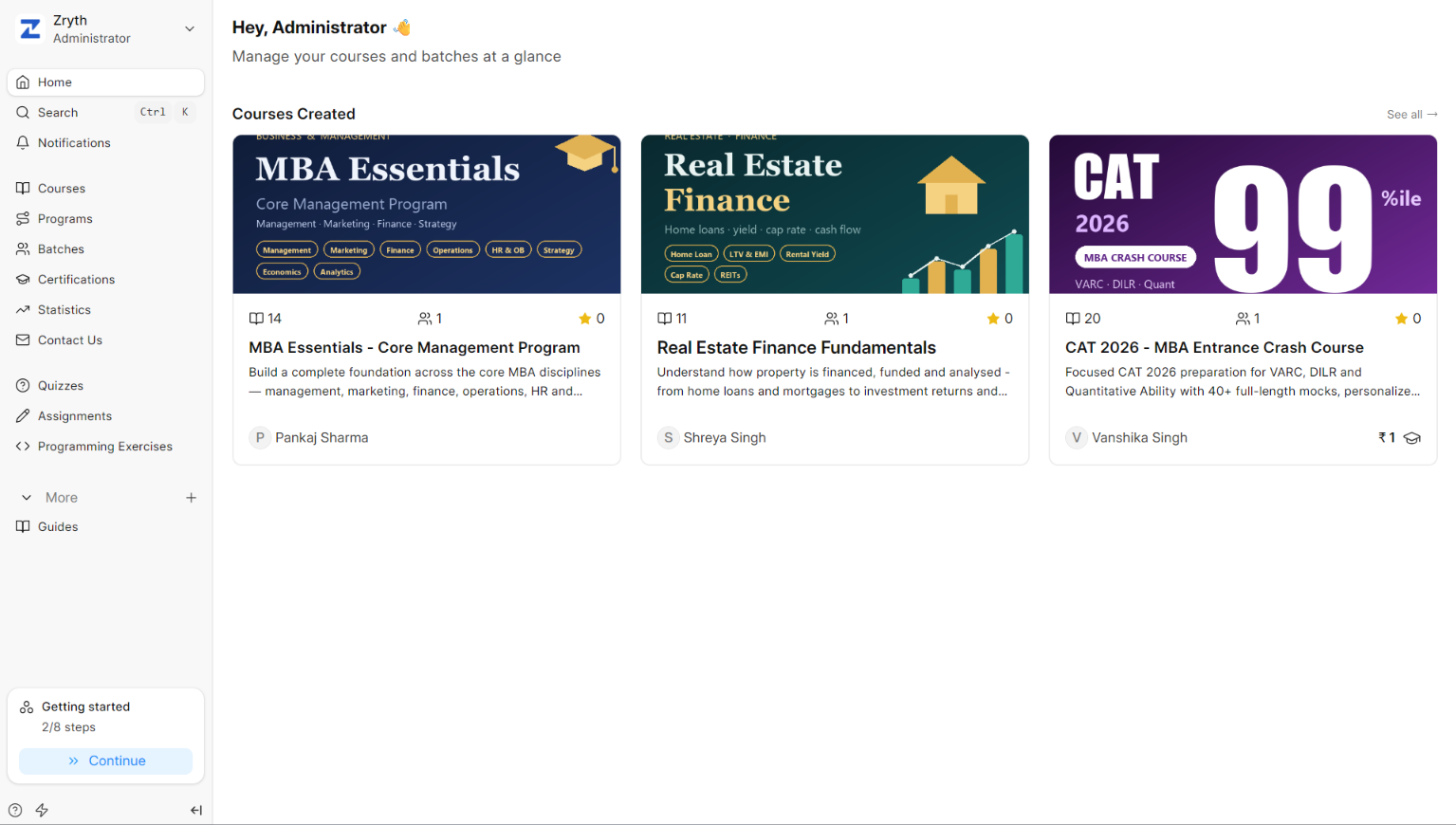[Admin home: courses created, batches and content at a glance]
