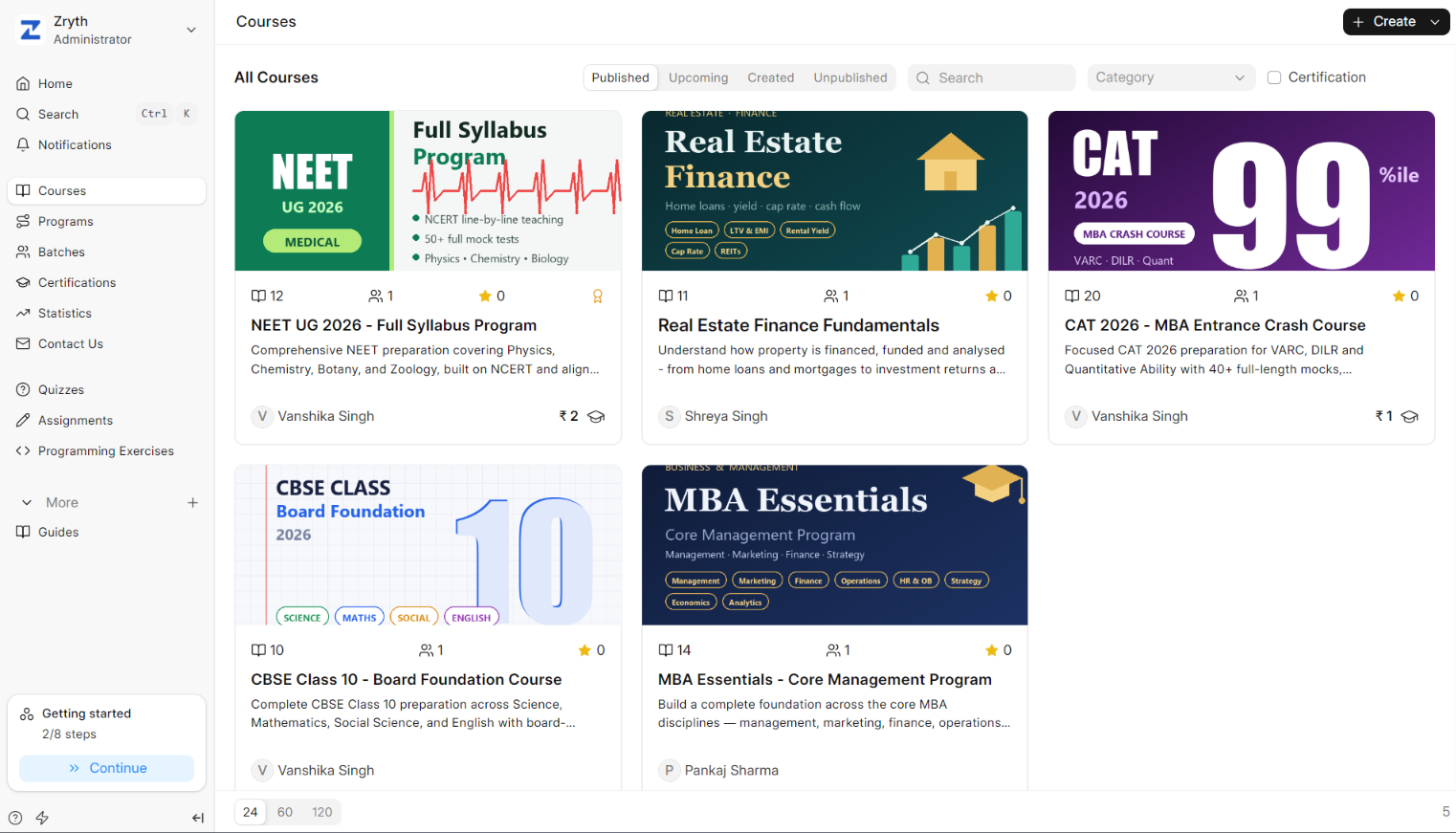 [Courses listing: from NEET prep to MBA Essentials, published side by side]
