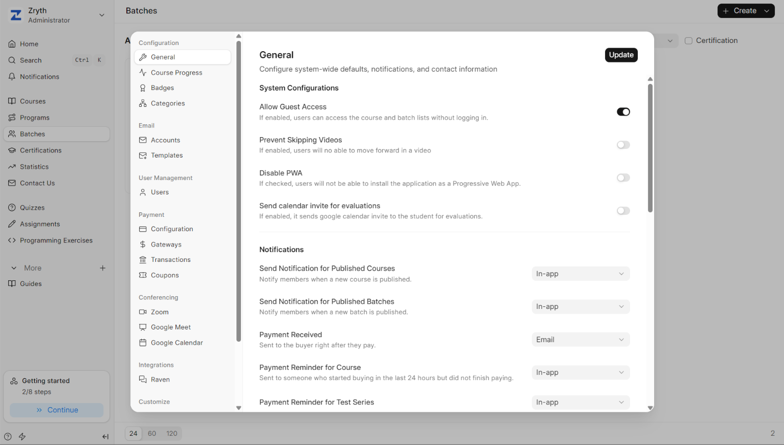 [System configuration: guest access, video controls, and per-channel notifications]