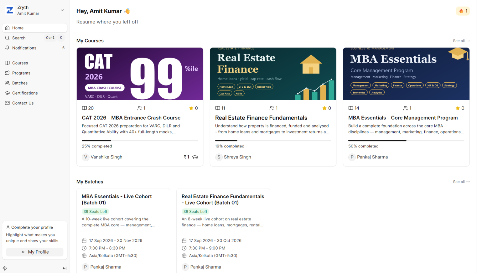 [Student dashboard: My Courses and My Batches, with progress tracked]