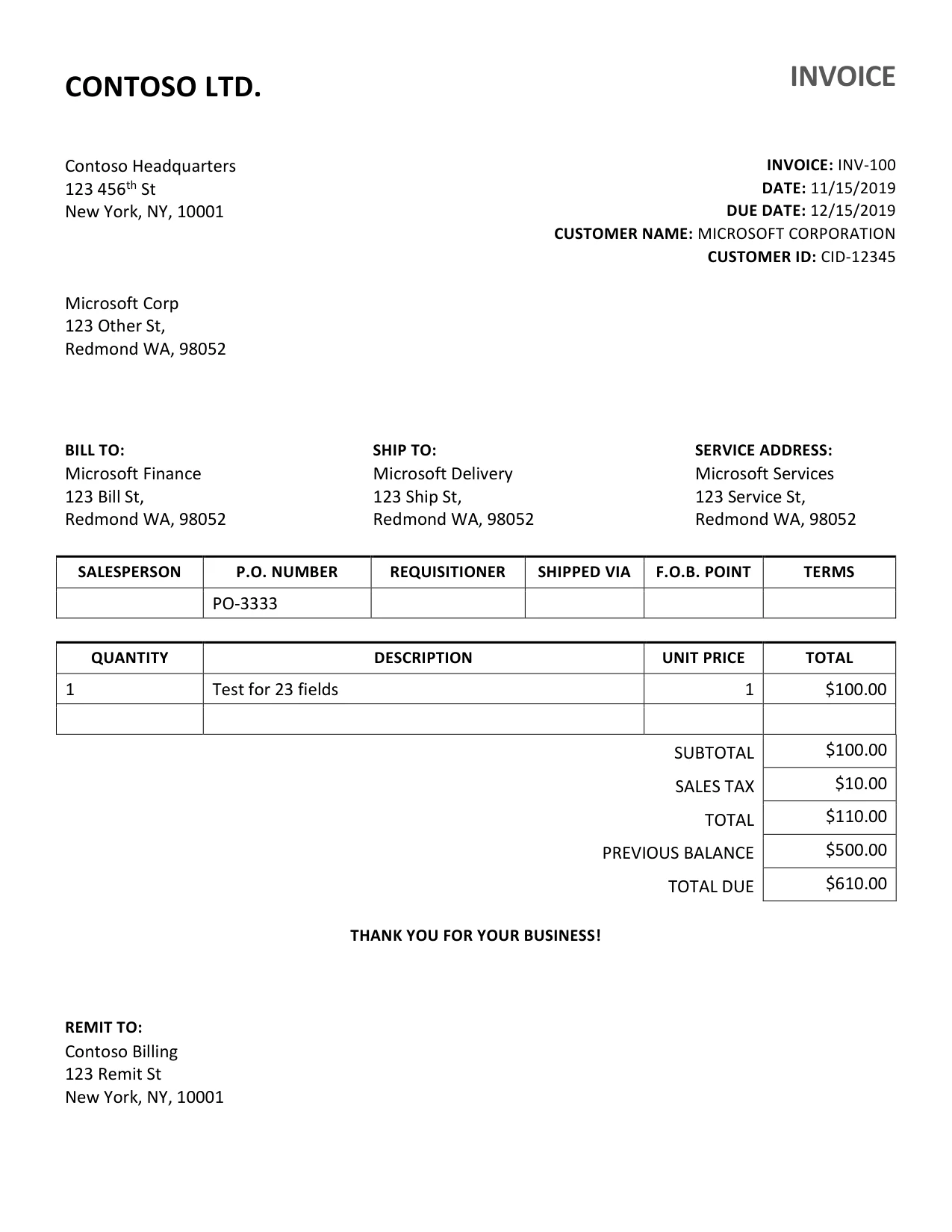 Sample invoice INV-100 from CONTOSO LTD., page 1 of 1